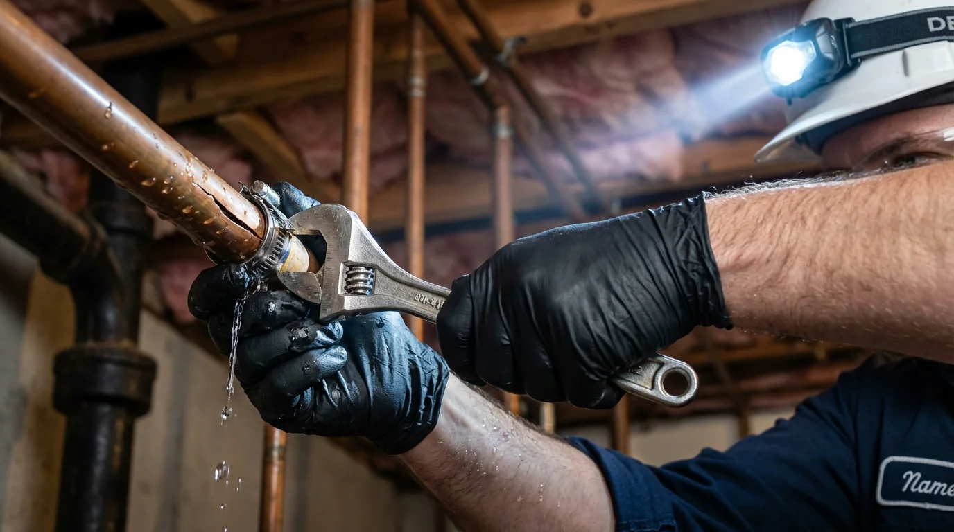 Emergency pipe clamp repair being performed by a Johns Plumbing LLC plumber in Agawam