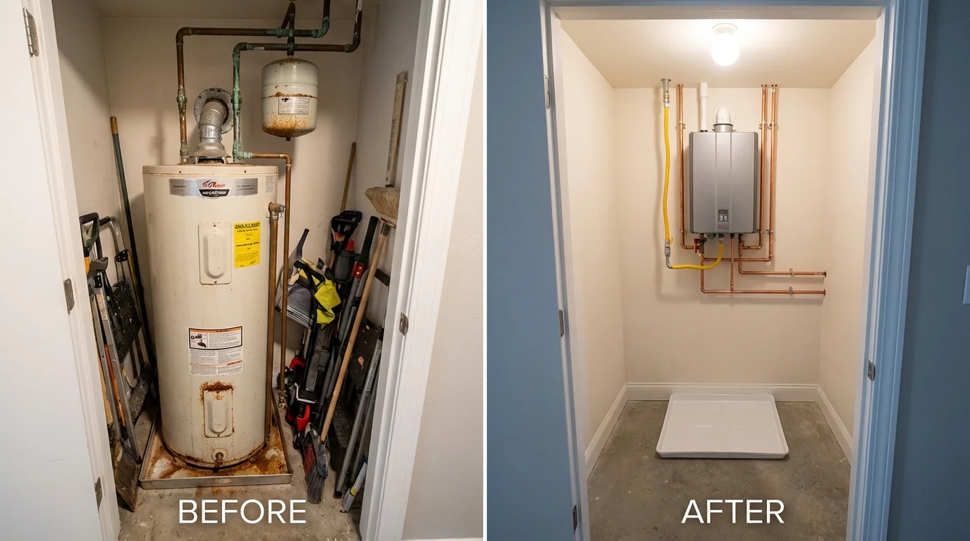 Tank water heater versus wall-mounted tankless unit comparison for Agawam, MA homeowners